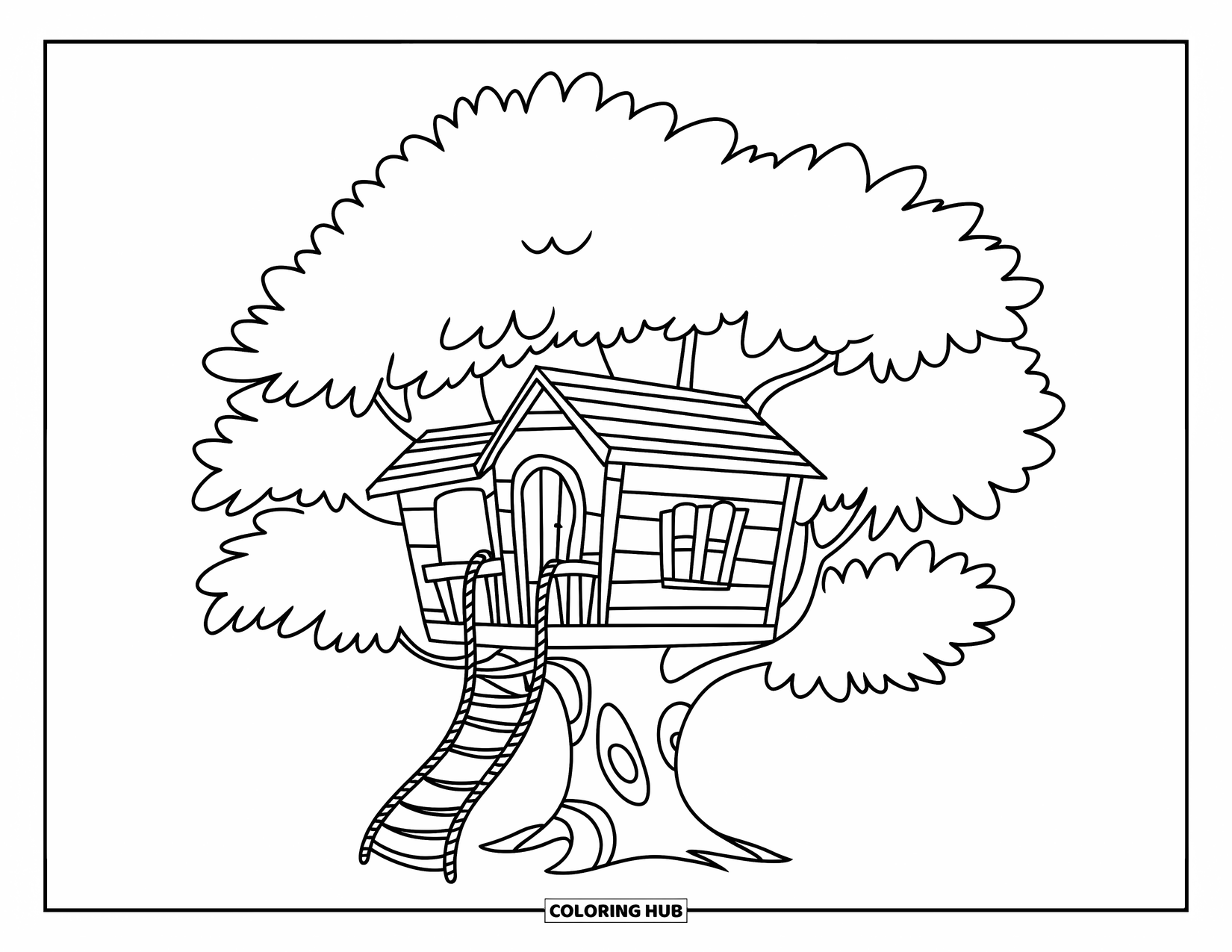 Desen de colorat cu natură pentru copii: O căsuță în copac cu o scară de frânghie stă înaltă, cu o ușă mică și o fereastră rotundă
