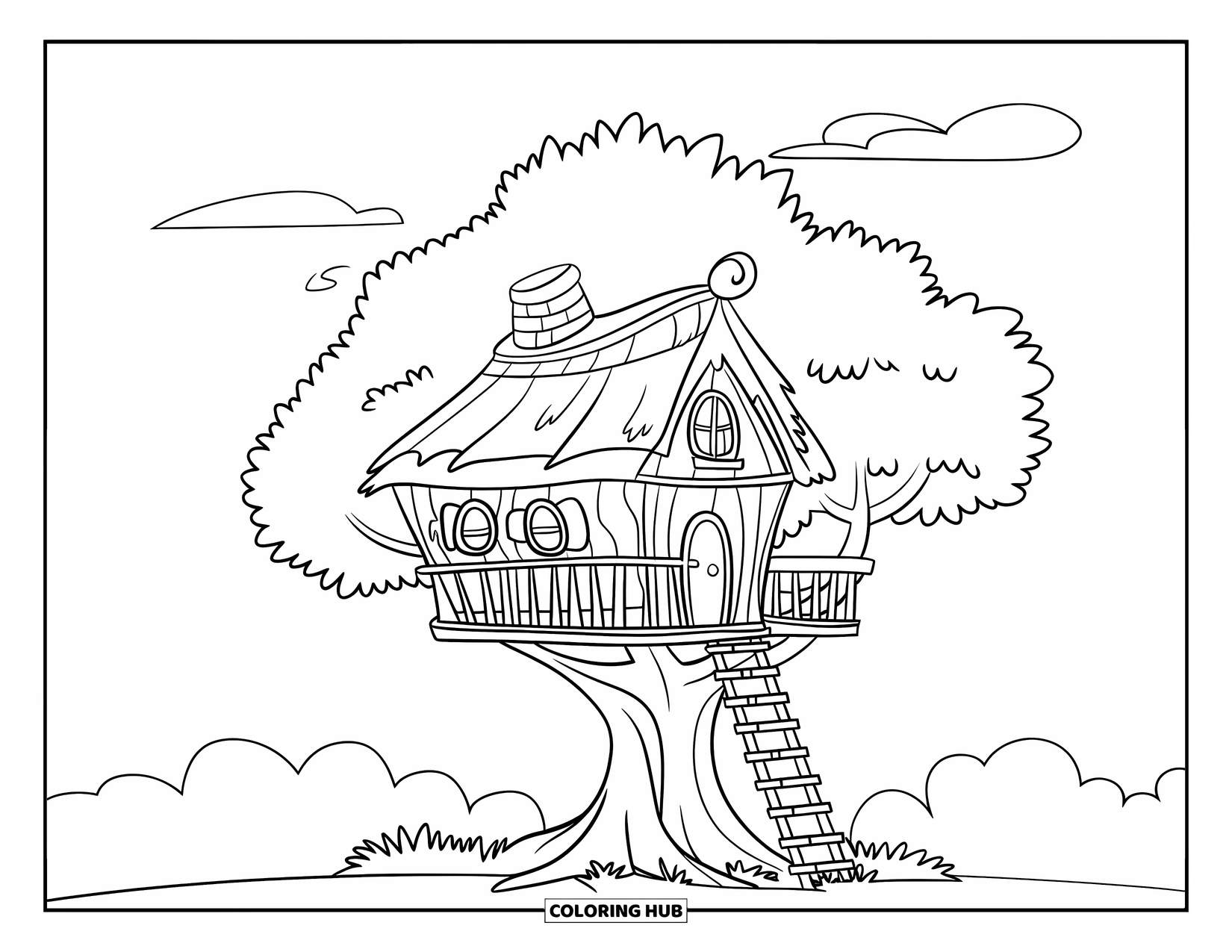 Desen de colorat cu natură pentru copii: O căsuță în copac cu un acoperiș de paie și o scară se află într-un copac mare sub cer