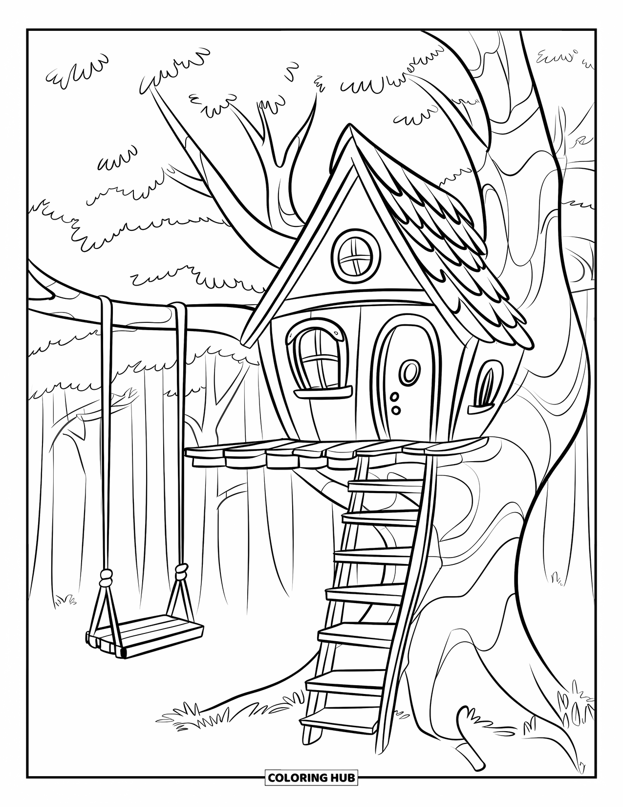 Desen de colorat cu natură pentru copii: O căsuță în copac cu o fereastră mică și o platformă de lemn este așezată printre copaci înalți
