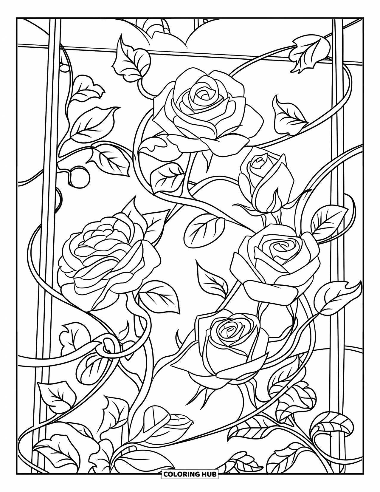 Desen de colorat cu natură pentru copii: Un spalier acoperit cu trandafiri și viță de vie creează o scenă pitorească într-o grădină liniștită