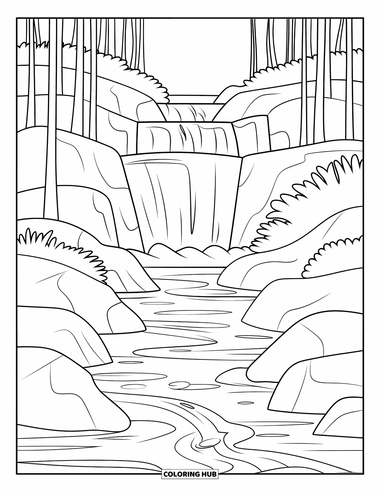 Desen de colorat cu natură pentru copii: O cascadă curge printre stânci mari, înconjurată de copaci înalți și verdeață densă