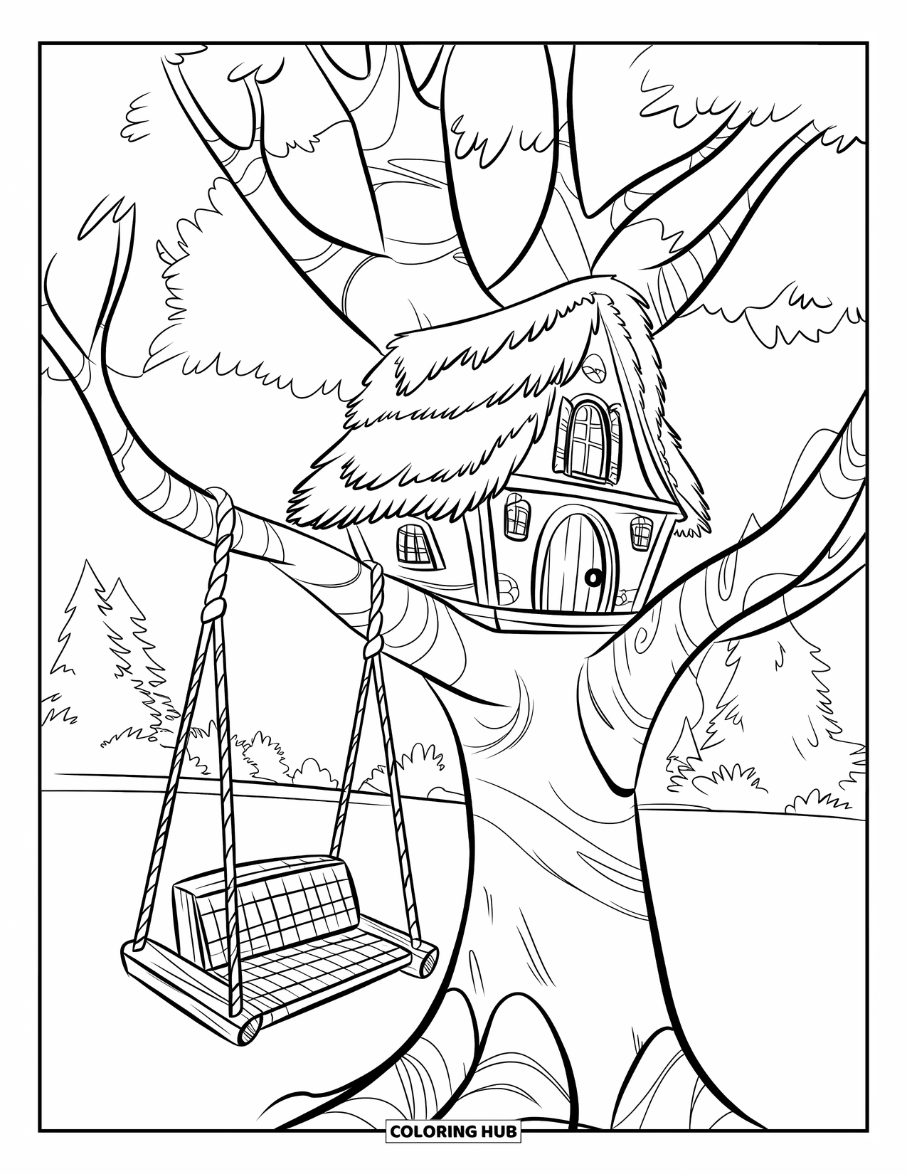 Desen de colorat cu natură pentru copii: O căsuță de lemn în copac cu un balcon și o scară se află sus într-un copac cu scoarță groasă