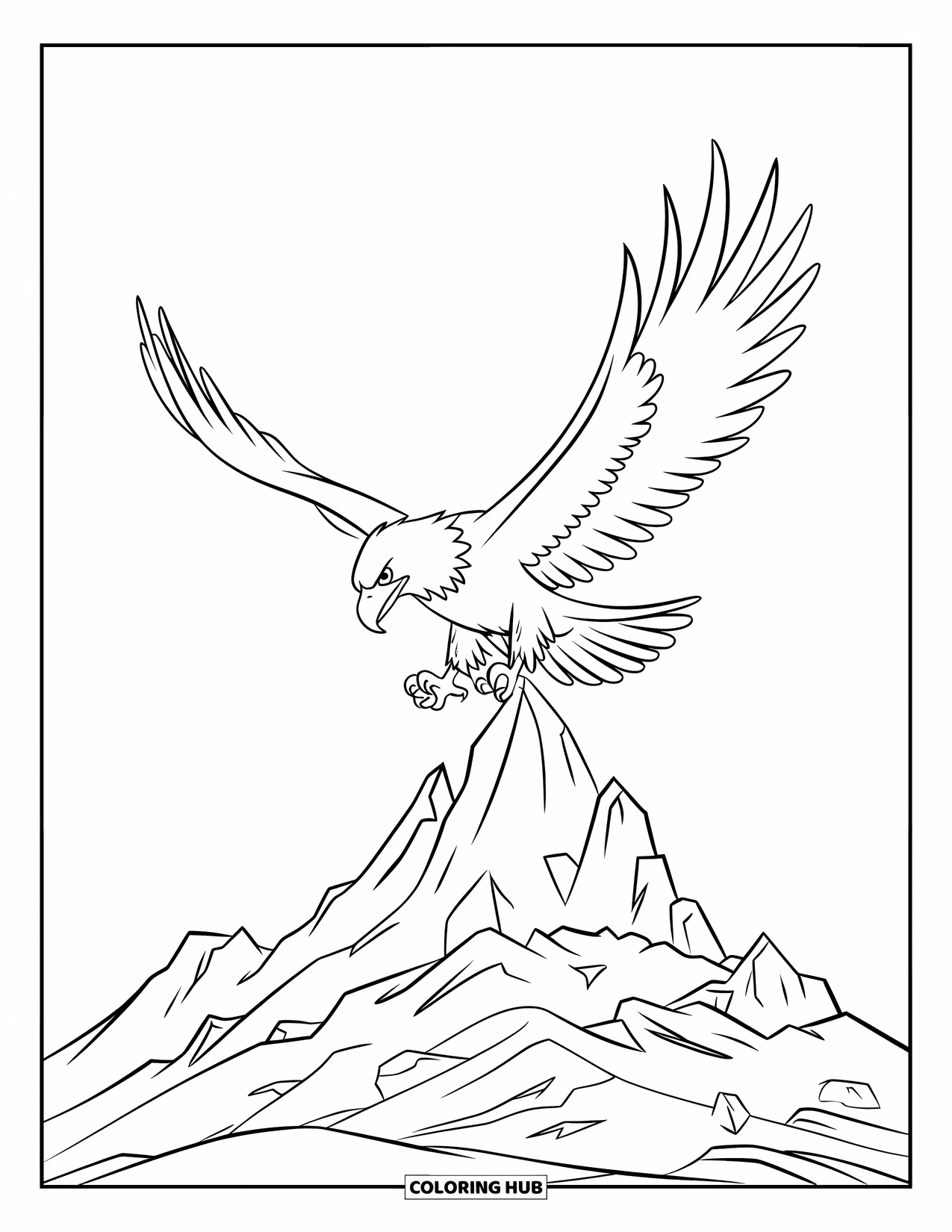 Desen de colorat cu natură pentru copii: Un vultur zboară deasupra vârfurilor de munte zimțate, cu aripile întinse larg pe cerul deschis