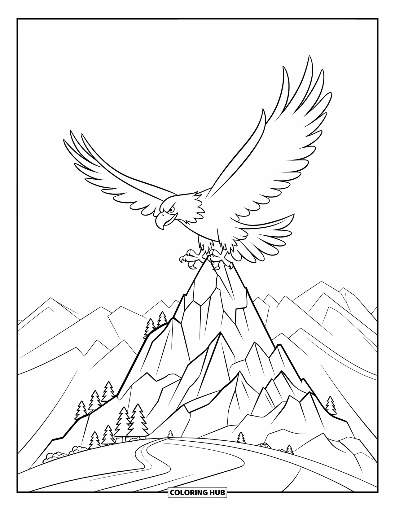 Desen de colorat cu natură pentru copii: Un vultur cu aripi largi zboară deasupra unui munte accidentat sub un cer vast și deschis