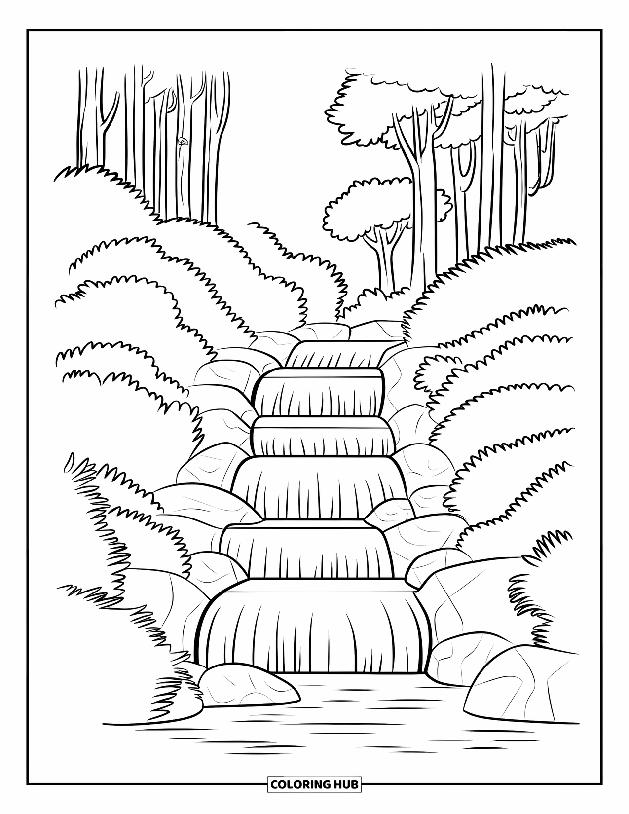 Desen de colorat cu natură pentru copii: Apa se rostogolește peste stânci într-un iaz liniștit, înconjurat de copaci înalți și pietre musculoase