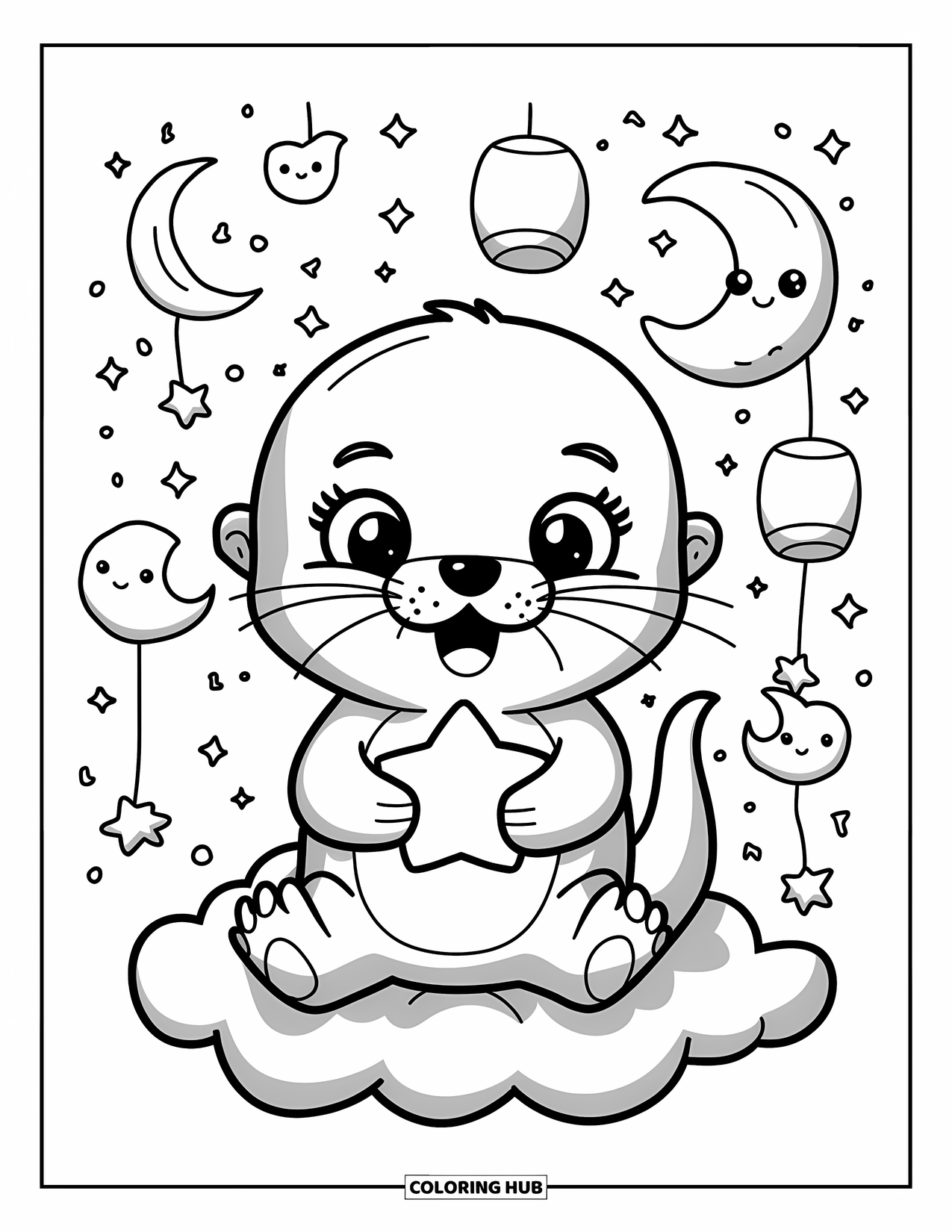 Kolorowanka z wydrą dla dorosłych: Mała wydra trzyma świecącą gwiazdę na puszystej chmurze, otoczona księżycami, iskierkami i lampionami