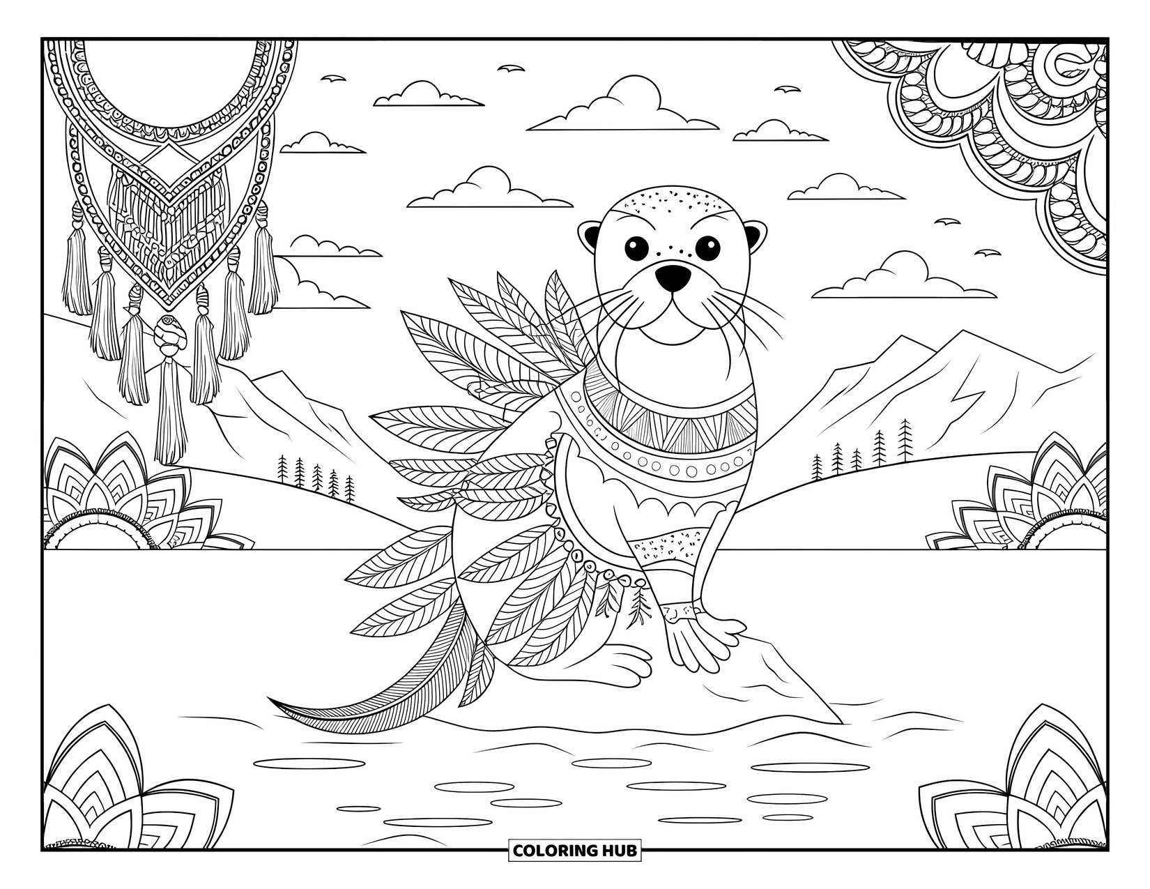 Kolorowanka z wydrą dla dorosłych: Wydra w stylu boho-chic siedzi na skale, otoczona makramą, piórami i wzorami inspirowanymi plemionami