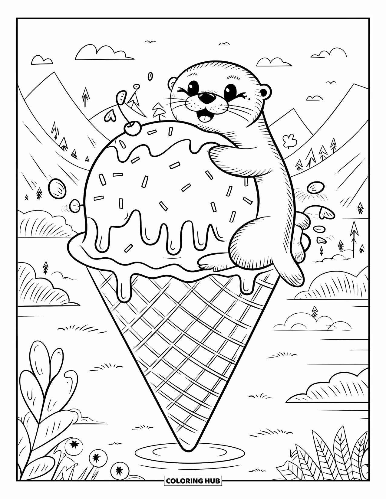 Kolorowanka z wydrą dla dorosłych: Radosna wydra na rożku lodowym, przytulająca topniejące lody, otoczona posypką i wiśniami