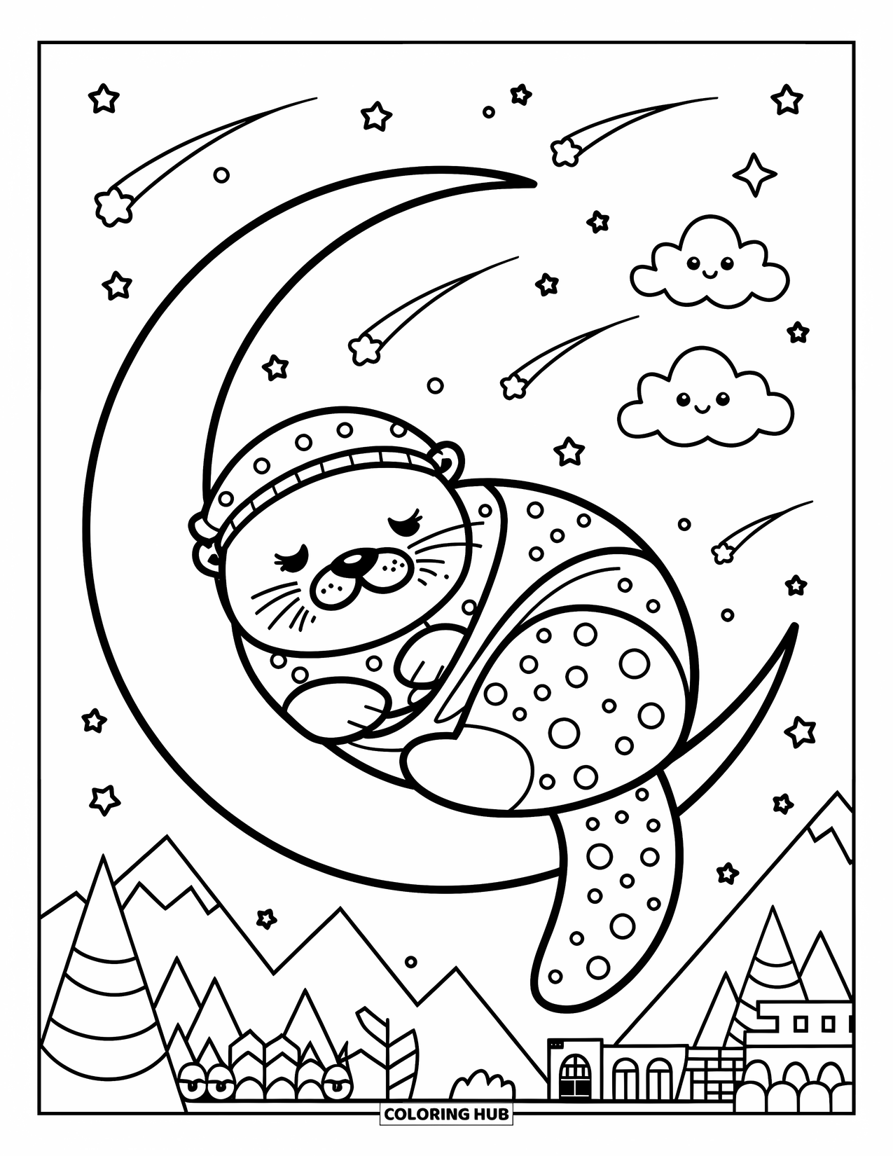 Kolorowanka z wydrą dla dorosłych: Pulchna wydra zwinięta w rogaliku księżyca, owinięta kocem, z pogodnym krajobrazem