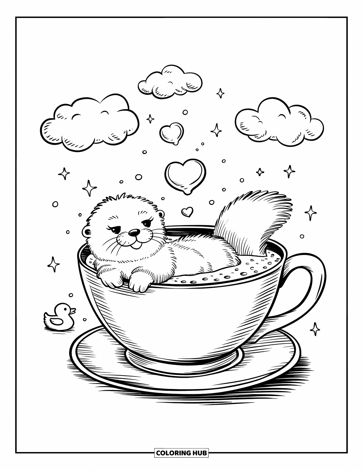 Kolorowanka z wydrą dla dorosłych: Puszysta wydra w gigantycznej filiżance z bąbelkami w kształcie serca, gumową kaczuszką i sennym tłem