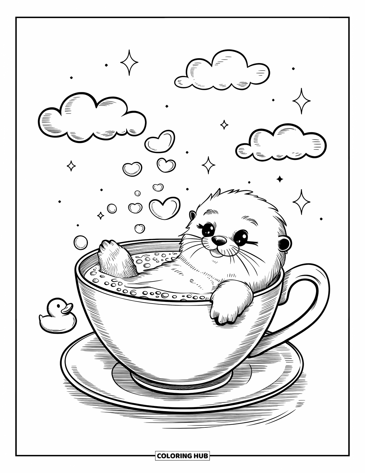 Kolorowanka z wydrą dla dorosłych: Puszysta wydra wyleguje się w gigantycznej filiżance wypełnionej wodą z bąbelkami, z bąbelkami w kształcie serca i gumową kaczuszką