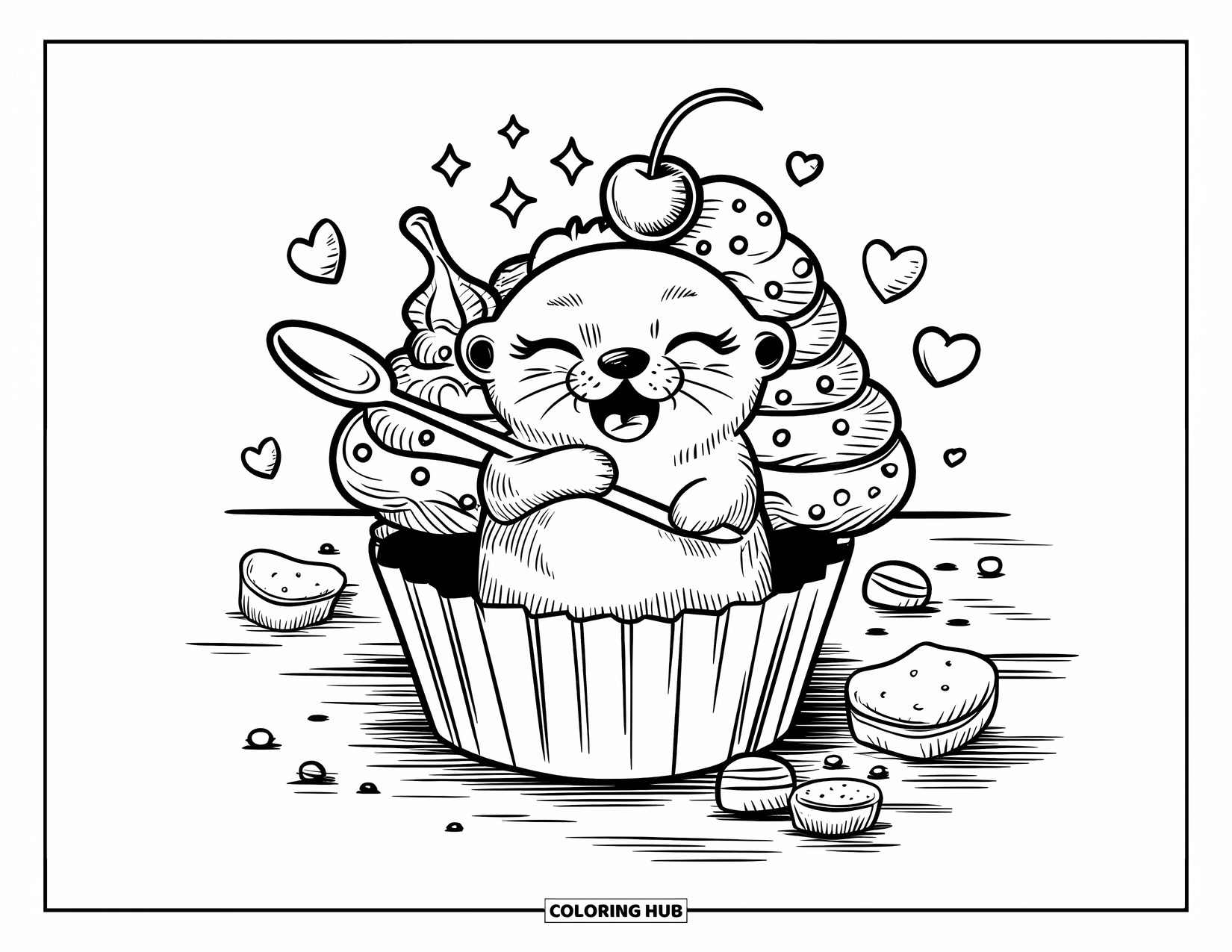 Kolorowanka z wydrą dla dorosłych: Chichocząca wydra siedzi w papilotce do babeczek, trzymając łyżkę, z sercami i iskierkami wokół