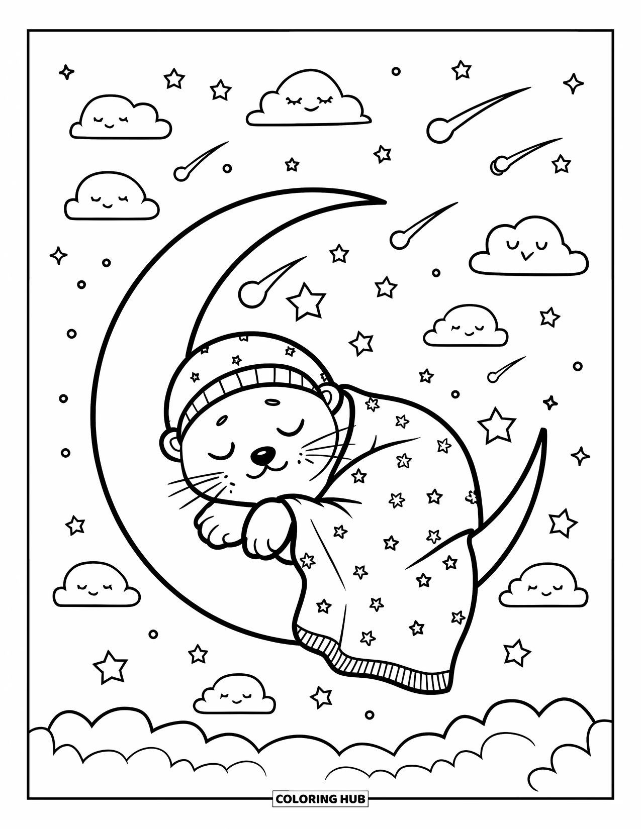 Kolorowanka z wydrą dla dorosłych: Wydra kawaii zwinięta w rogaliku księżyca, śpiąca pod spadającymi gwiazdami i uśmiechniętymi chmurami