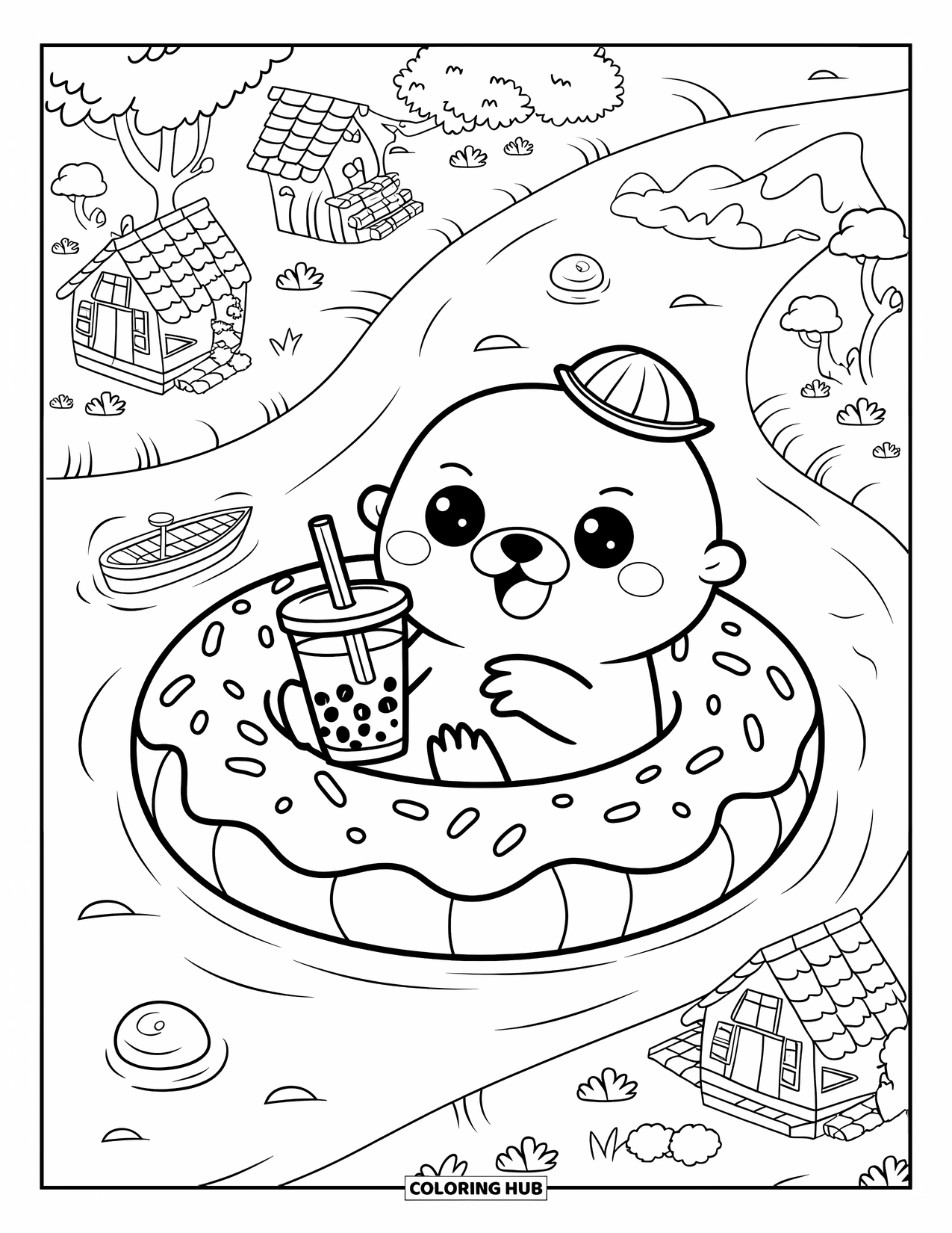 Kolorowanka z wydrą dla dorosłych: Wydra kawaii płynie rzeką na pontonie w kształcie pączka, trzymając herbatę bąbelkową i mając na sobie kapelusz