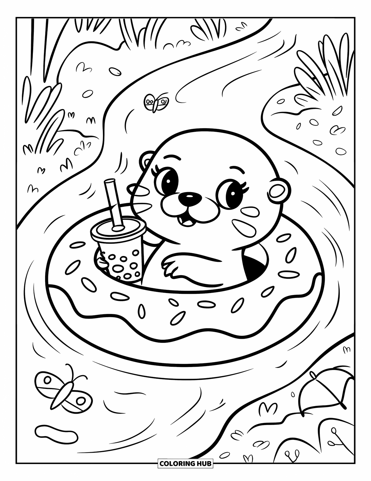 Kolorowanka z wydrą dla dorosłych: Wydra kawaii unosi się na rzece na pontonie w kształcie pączka, popijając herbatę bąbelkową z uroczymi elementami wokół