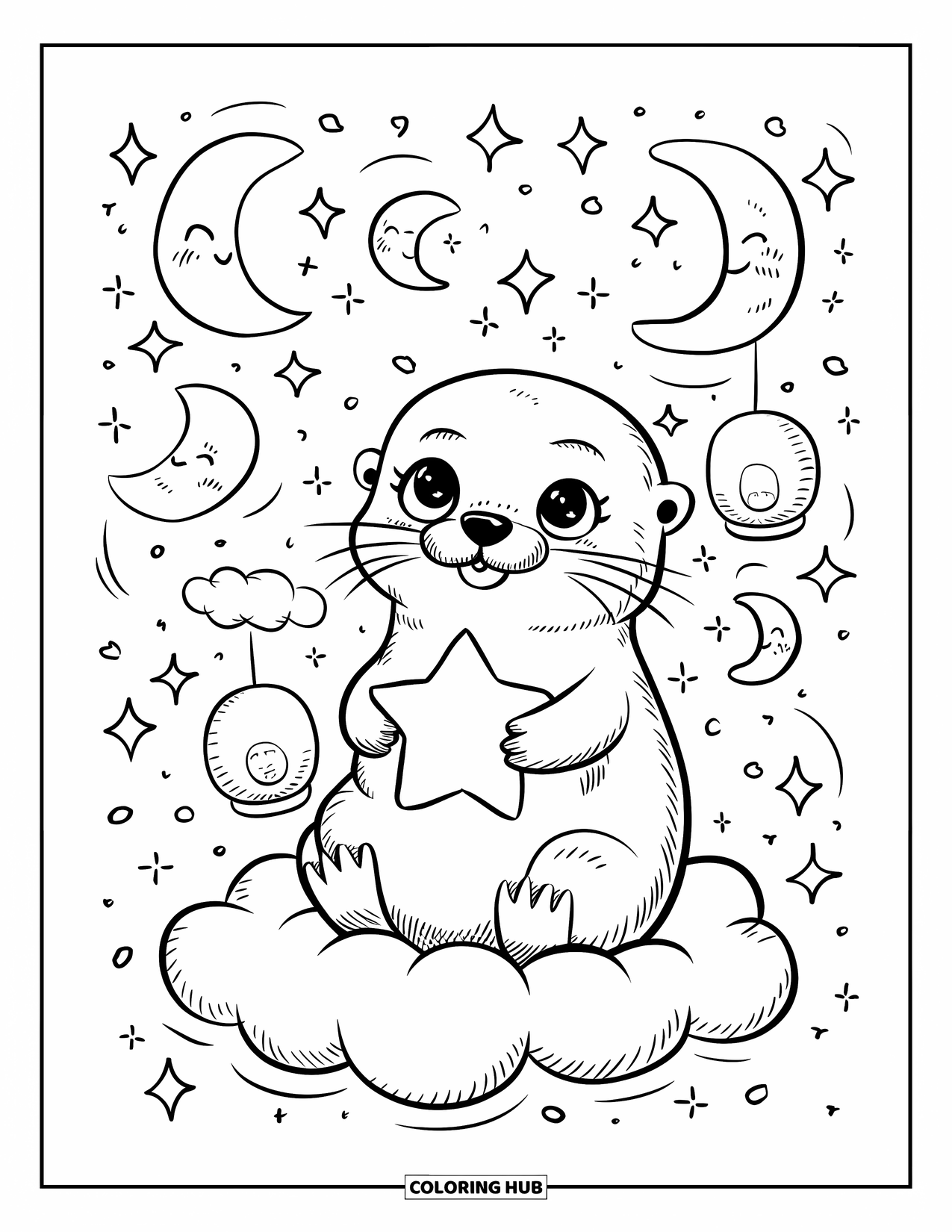 Kolorowanka z wydrą dla dorosłych: Magiczna wydra trzyma świecącą gwiazdę na puszystej chmurze, otoczona księżycami, iskierkami i lampionami