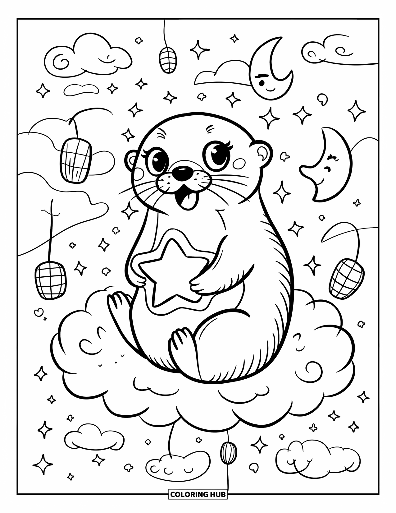 Kolorowanka z wydrą dla dorosłych: Magiczna wydra siedzi na chmurze, trzymając świecącą gwiazdę, otoczona księżycami i iskierkami