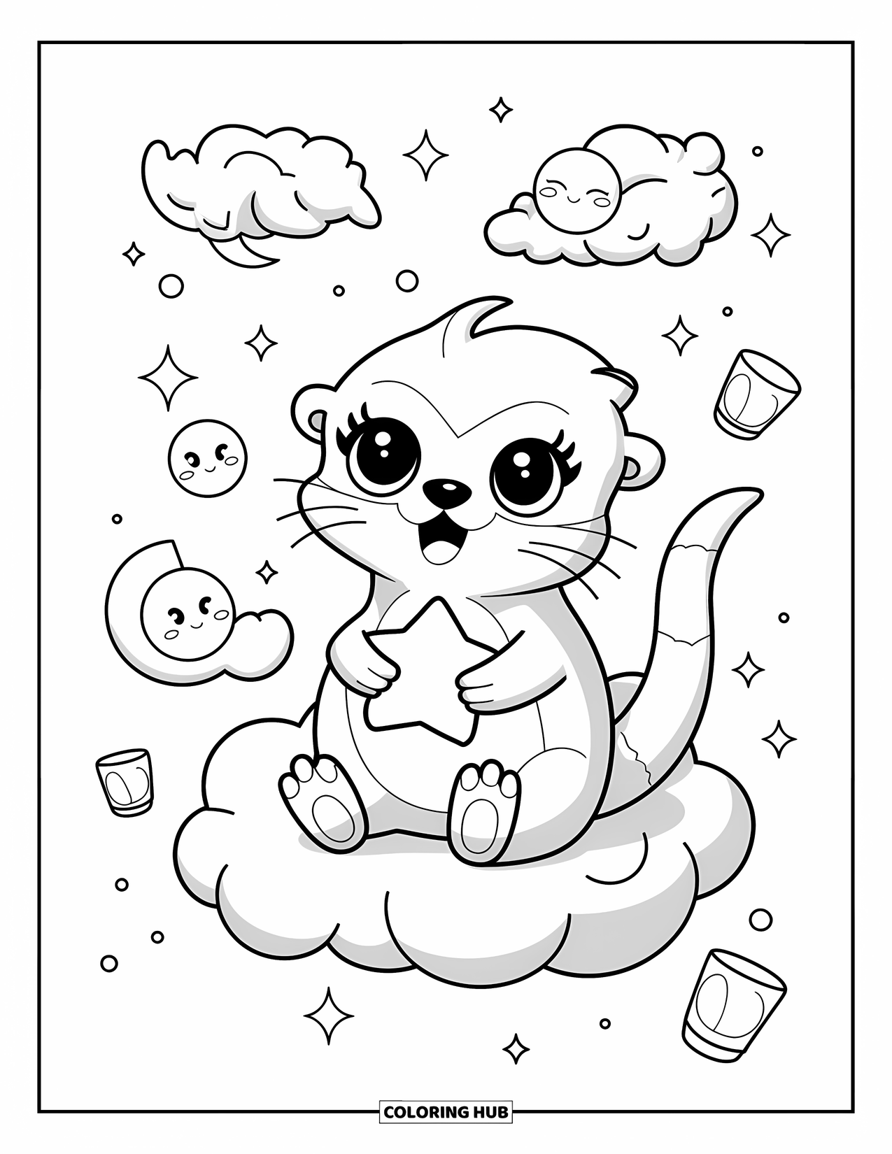 Kolorowanka z wydrą dla dorosłych: Magiczna wydra siedzi na puszystej chmurze, trzymając świecącą gwiazdę, otoczona księżycami i lampionami