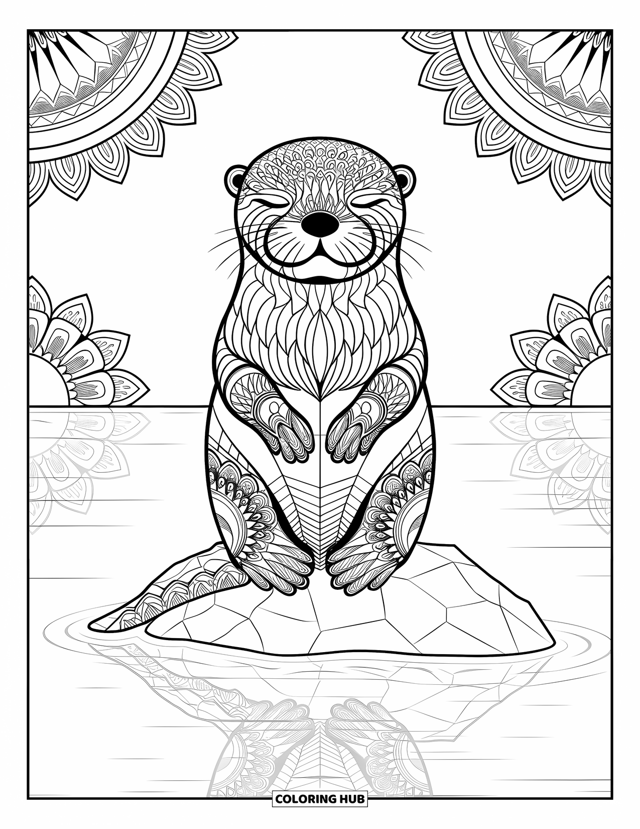 Kolorowanka z wydrą dla dorosłych: Wydra w stylu mandali z zamkniętymi oczami siedzi na skale, odbijając się w spokojnej wodzie