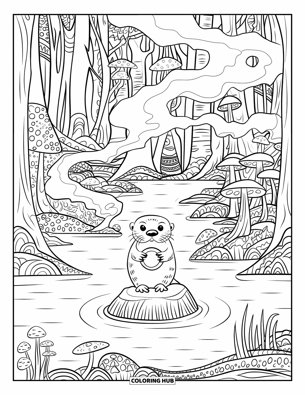 Kolorowanka z wydrą dla dorosłych: Mistyczna wydra trzyma świecącą kulę w lesie pełnym drzew, grzybów i pływających lampionów
