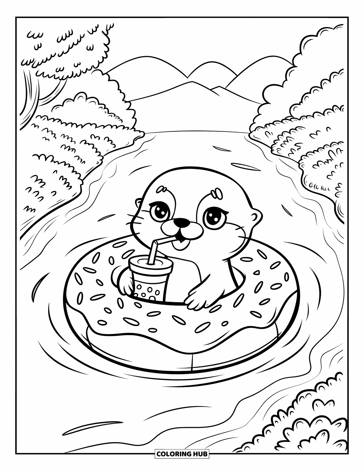 Kolorowanka z wydrą dla dorosłych: Wesoła wydra płynie rzeką na pontonie w kształcie pączka, popijając herbatę bąbelkową, z pogodnym tłem