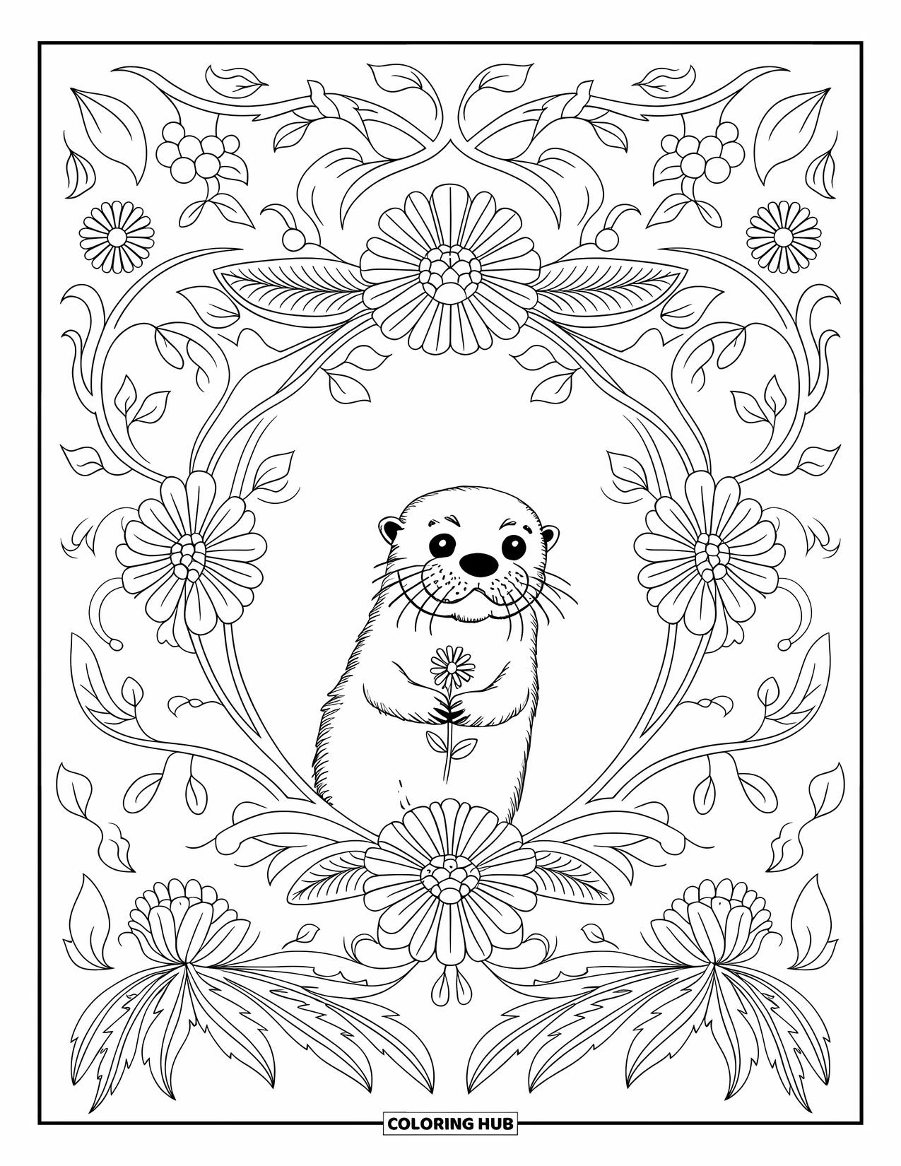 Kolorowanka z wydrą dla dorosłych: Wydra trzyma kwiat, siedząc w kwiatowej ramie wypełnionej pnączami i szczegółowymi wzorami