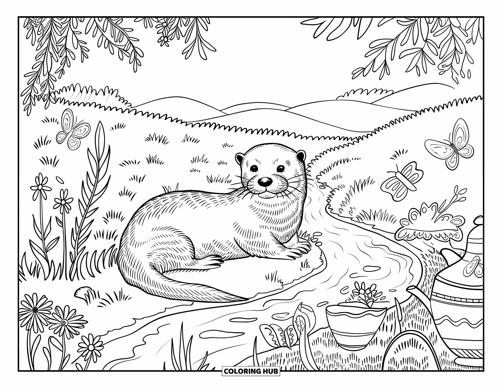 Kolorowanka z wydrą dla dorosłych: Wydra odpoczywa w pobliżu wiejskiego strumienia z pagórkami, polnymi kwiatami i skomplikowanymi detalami artystycznymi