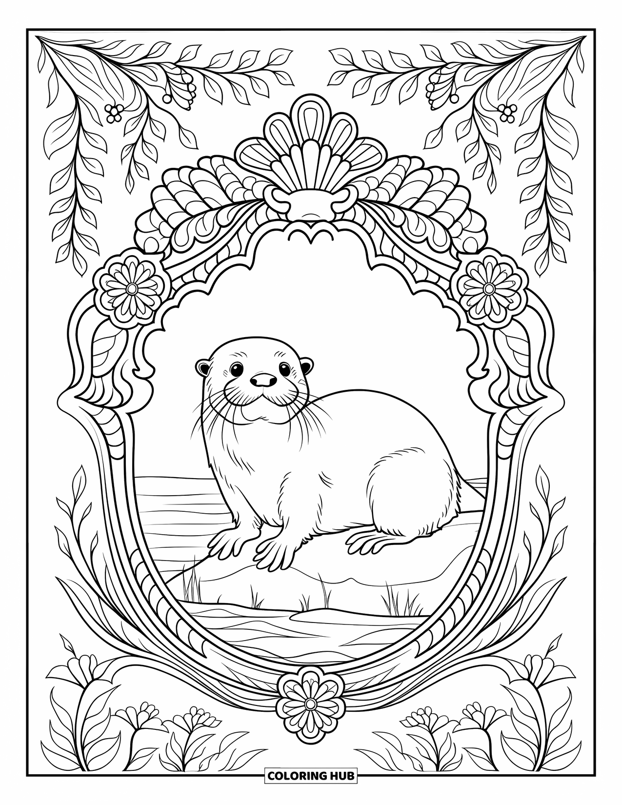 Kolorowanka z wydrą dla dorosłych: Wydra siedzi na skale, otoczona kwiatami i liśćmi, ze skomplikowanym wzorem dekoracyjnym