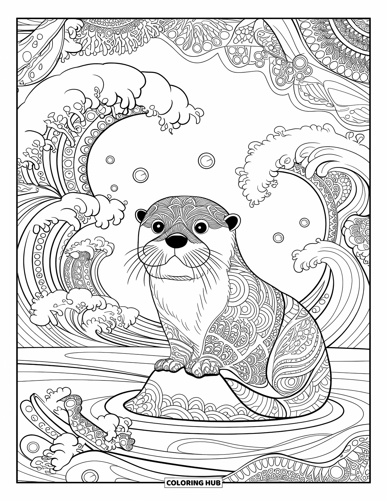 Kolorowanka z wydrą dla dorosłych: Wydra siedzi na skale w wodzie, otoczona wirującymi wzorami i skomplikowanymi elementami dekoracyjnymi
