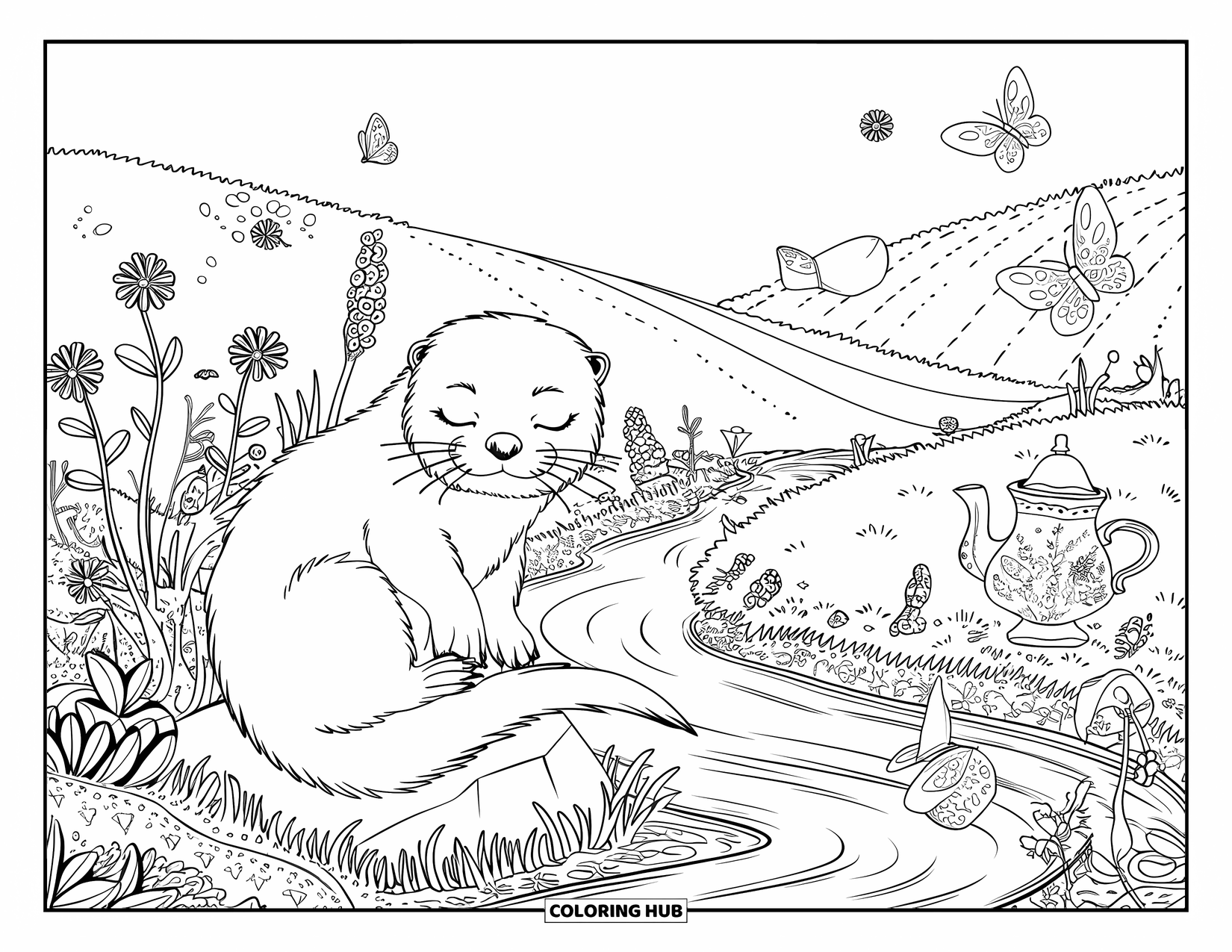 Kolorowanka z wydrą dla dorosłych: Wydra siedzi na skale z zamkniętymi oczami, otoczona polnymi kwiatami, motylami i spokojnym krajobrazem