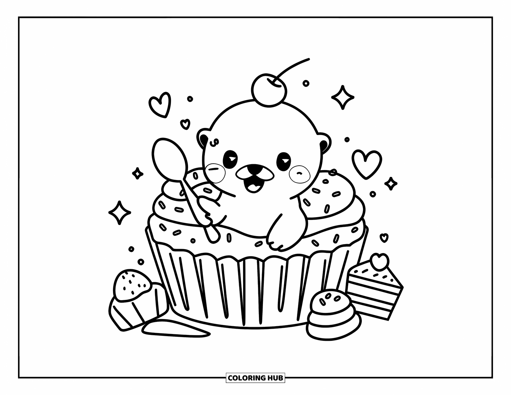 Kolorowanka z wydrą dla dorosłych: Wydra siedzi w gigantycznej papilotce do babeczek, trzymając łyżkę, otoczona słodyczami i pływającymi sercami