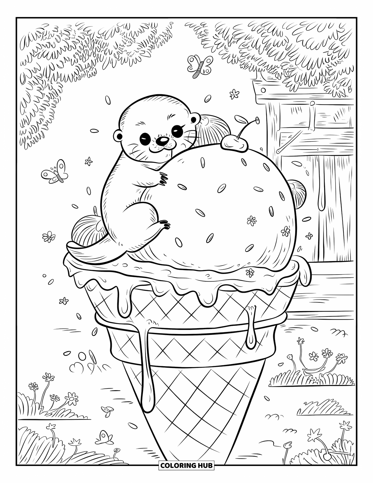 Kolorowanka z wydrą dla dorosłych: Wydra siedzi na ogromnym rożku lodowym, przytulając topniejące lody, z przytulnym tłem