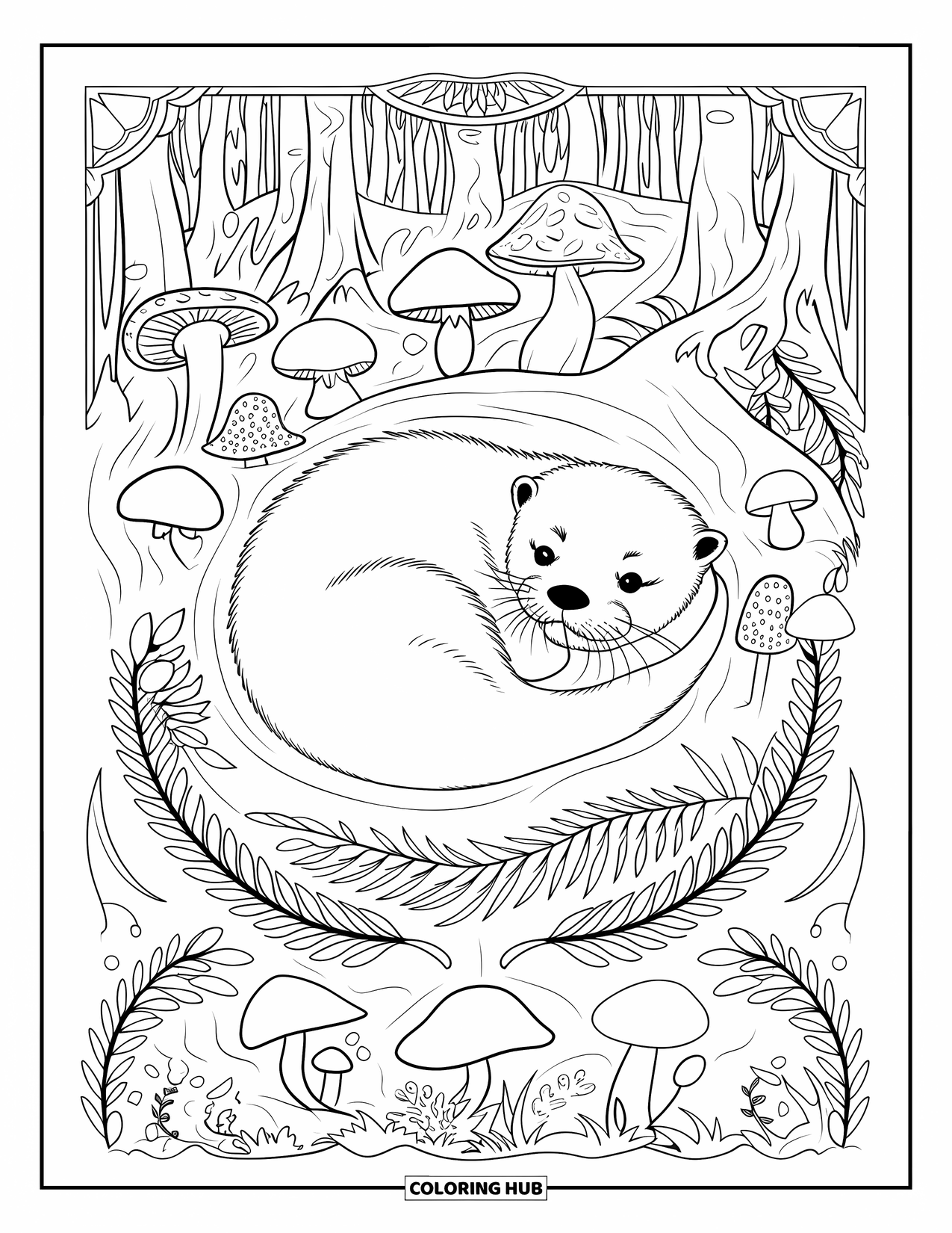 Kolorowanka z wydrą dla dorosłych: Wydra śpi w norze, otoczona grzybami, paprociami i dekoracyjnymi elementami leśnymi