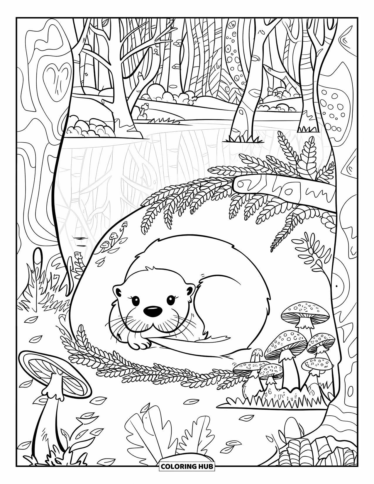 Kolorowanka z wydrą dla dorosłych: Wydra śpi w norze, otoczona drzewami, grzybami i spokojnym jeziorem w tle