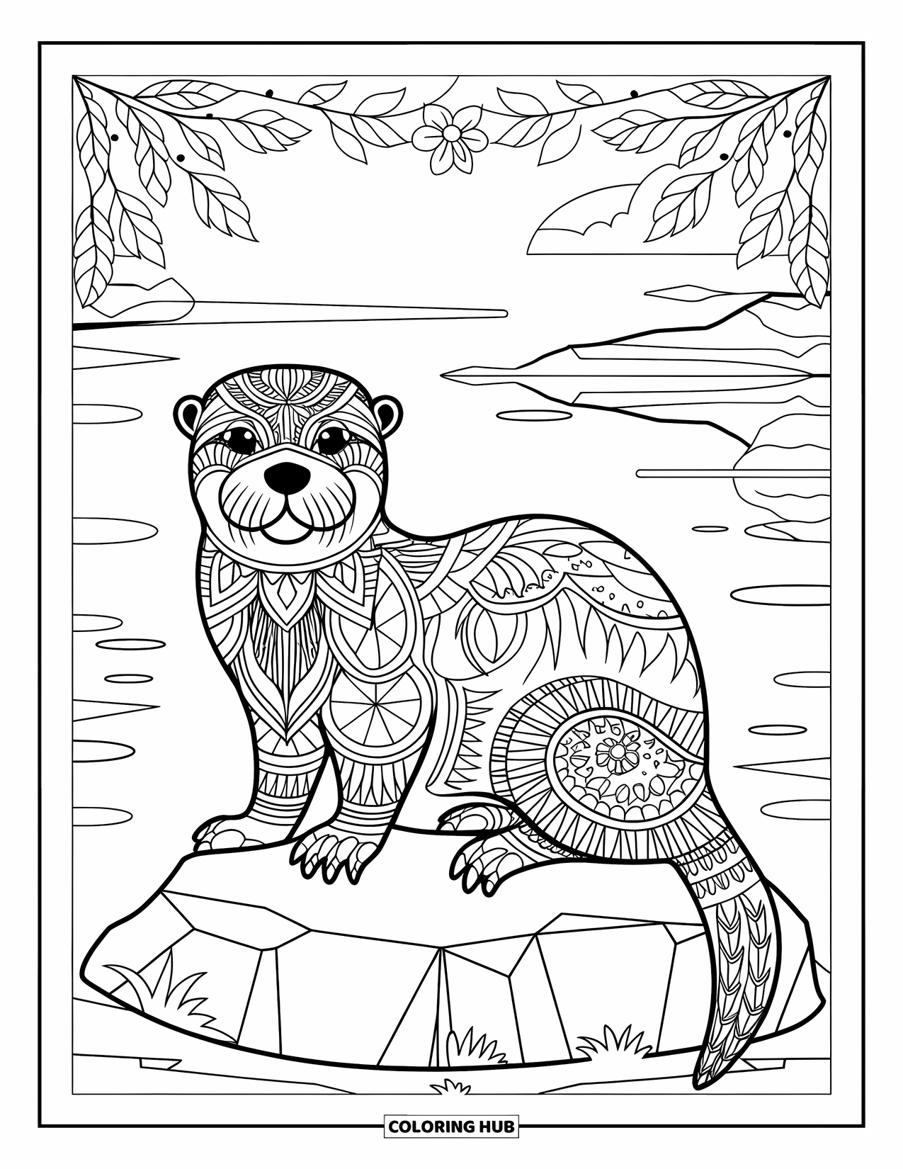 Kolorowanka z wydrą dla dorosłych: Wydra ze wzorami mandali siedzi na skale nad jeziorem, otoczona liśćmi i kwiatami
