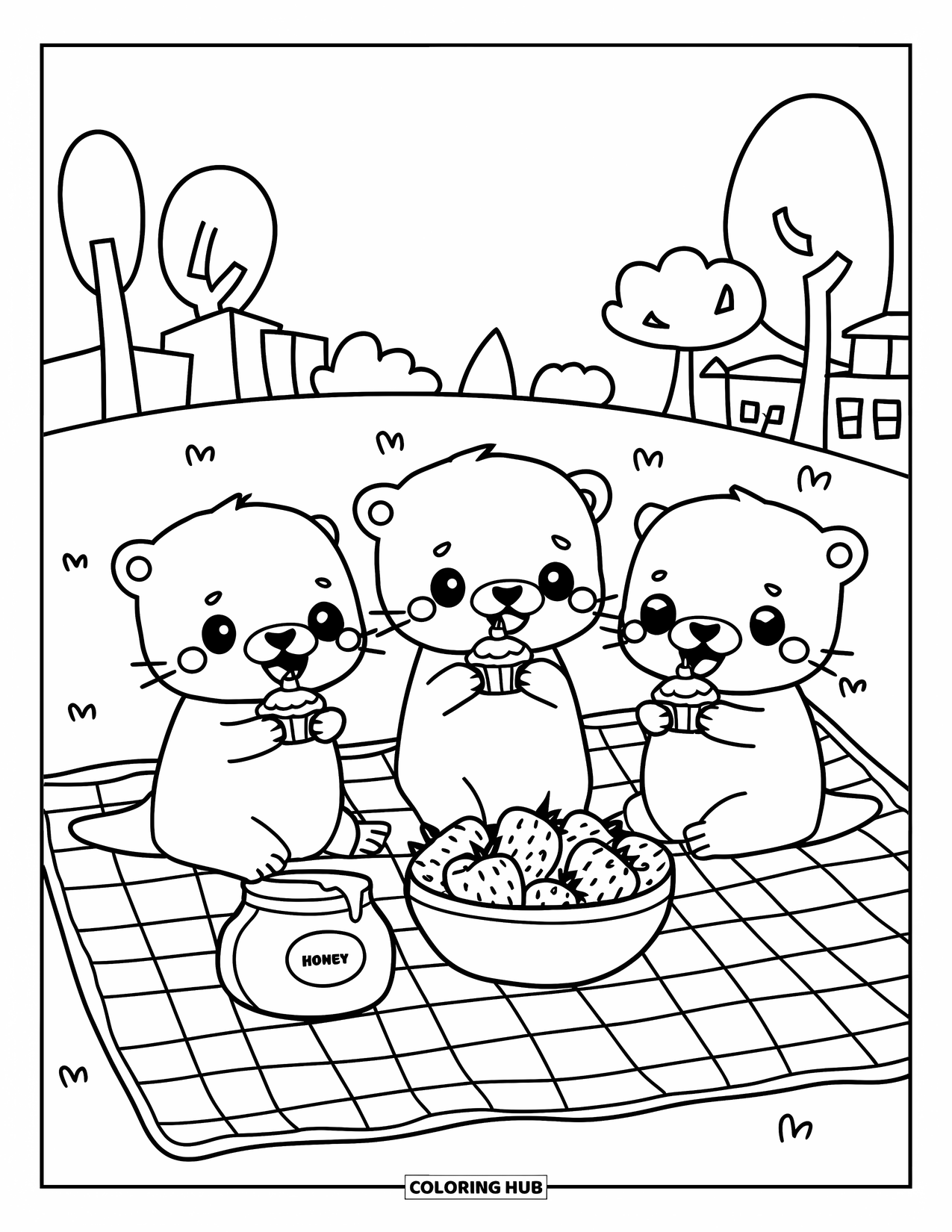 Kolorowanka z wydrą dla dorosłych: Trzy wydry robią piknik na kocu z babeczkami, miodem i truskawkami w prostym otoczeniu