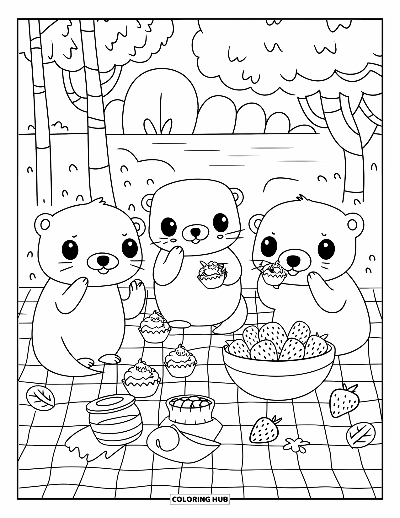 Kolorowanka z wydrą dla dorosłych: Trzy wydry robią piknik na kocu w kratę z babeczkami, miodem i truskawkami