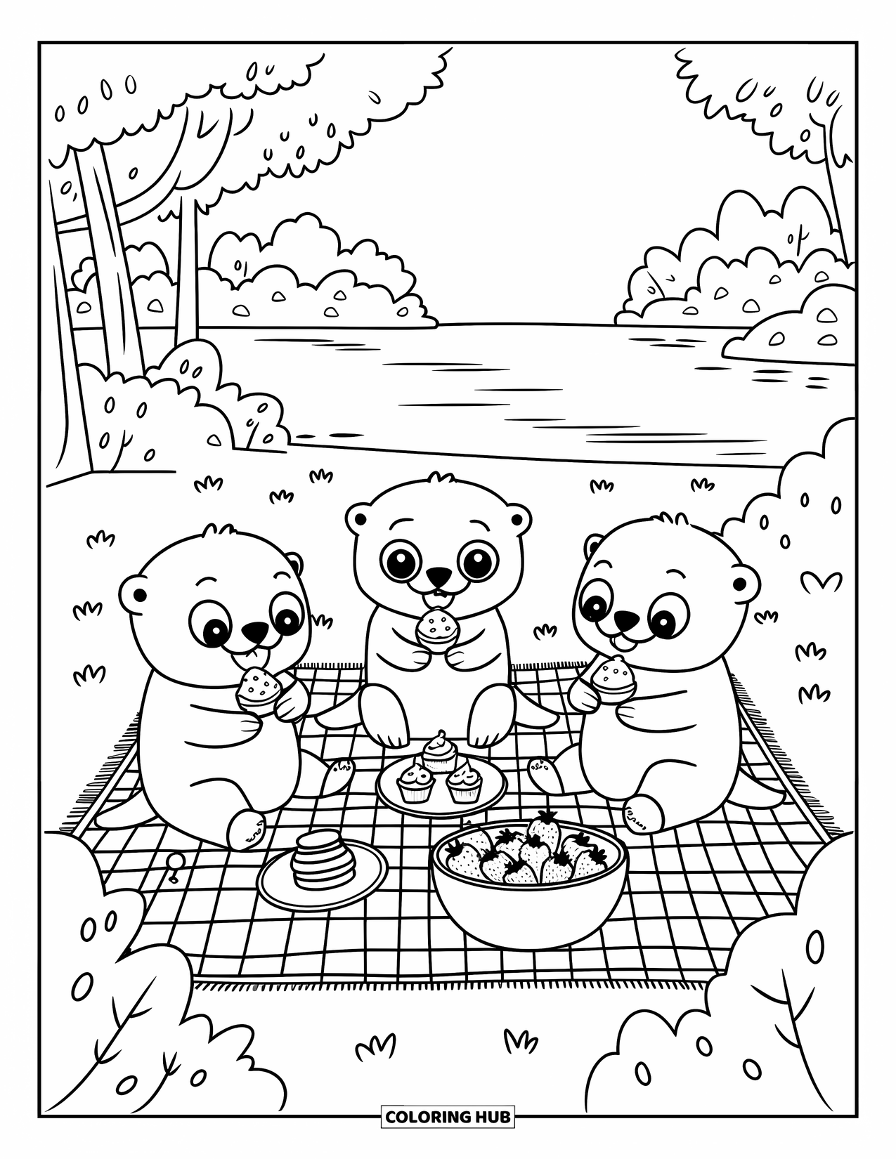 Kolorowanka z wydrą dla dorosłych: Trzy wydry robią piknik z babeczkami, miodem i truskawkami, otoczone przyrodą