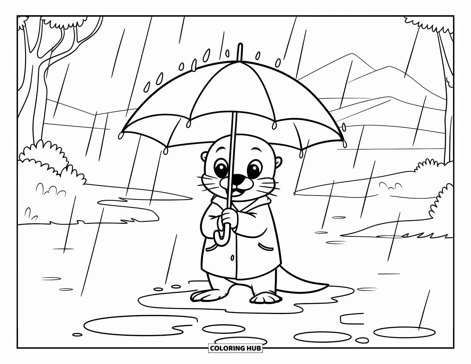 Kolorowanka z wydrą dla dzieci: Radosna wydra w żółtym płaszczu przeciwdeszczowym trzyma parasol, gdy wokół pada deszcz