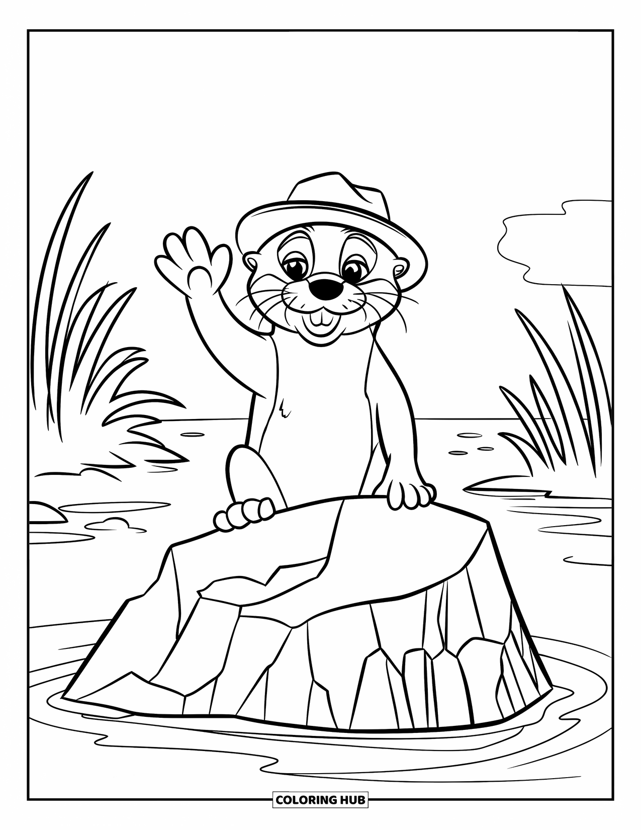 Kolorowanka z wydrą dla dzieci: Radosna wydra macha, siedząc na skale, a wokół delikatnie płynie woda