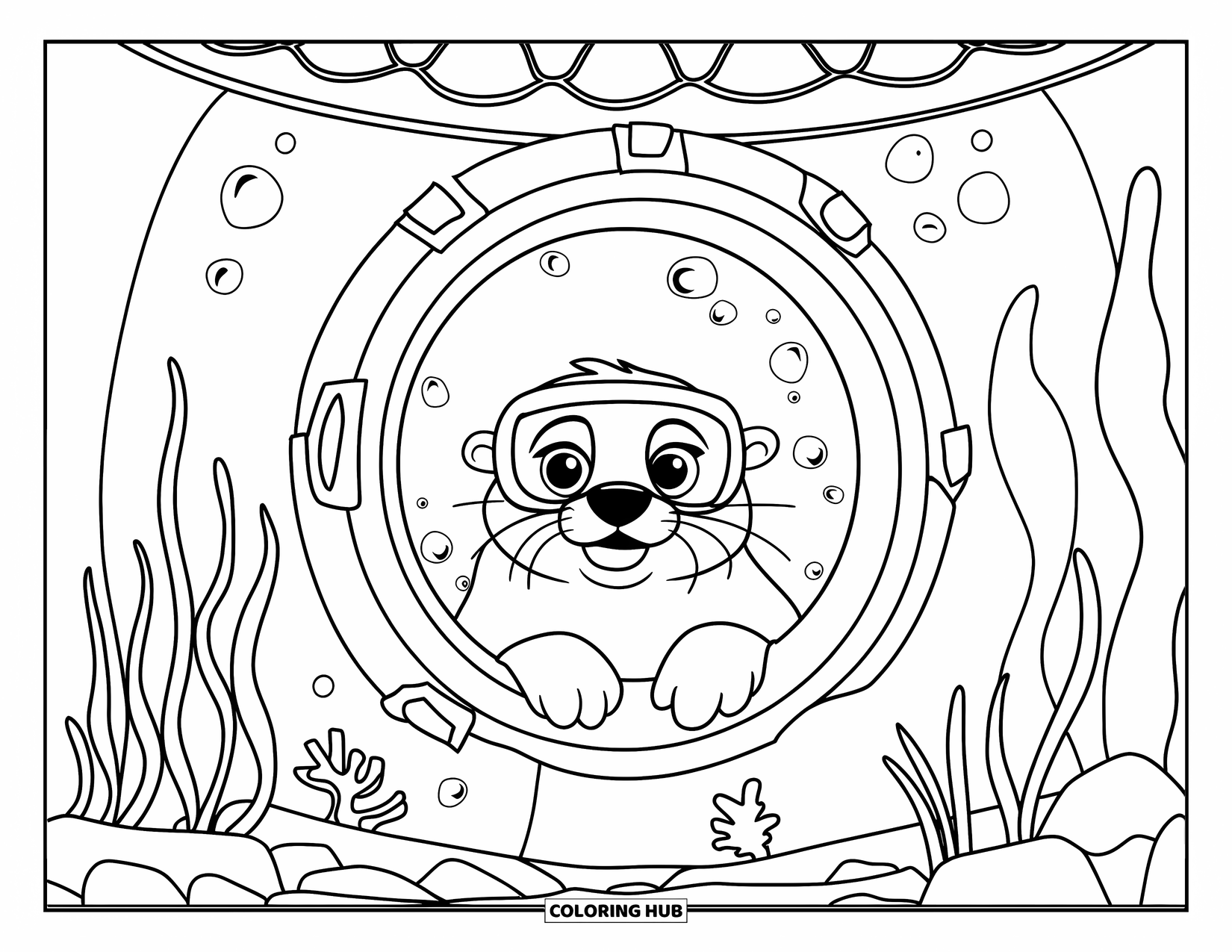 Kolorowanka z wydrą dla dzieci: Radosna wydra w masce do nurkowania wygląda z podwodnego okna, otoczona bąbelkami