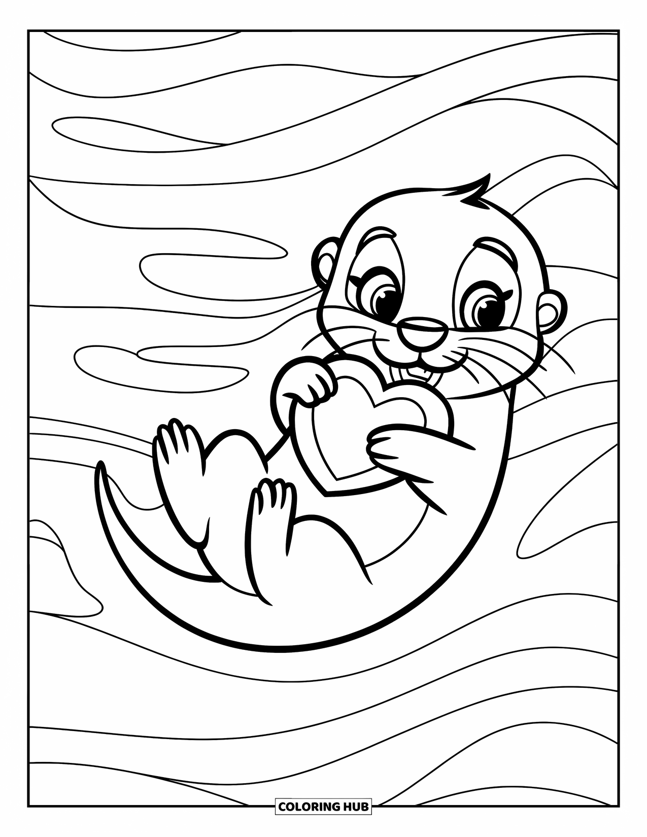 Kolorowanka z wydrą dla dzieci: Słodka wydra unosi się na plecach, trzymając przedmiot w kształcie serca, z delikatnymi falami wokół