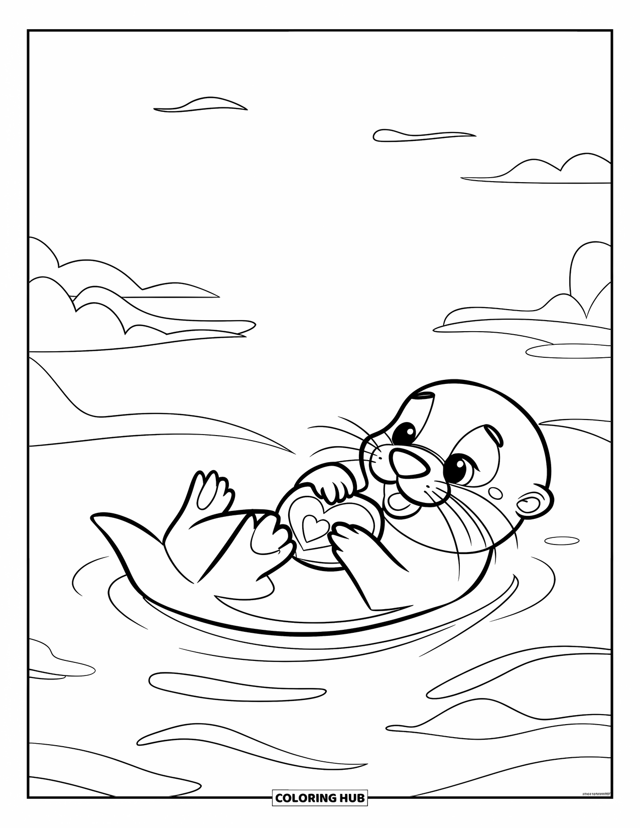 Kolorowanka z wydrą dla dzieci: Szczęśliwa wydra unosi się w wodzie, trzymając serce, z kilkoma chmurami na niebie