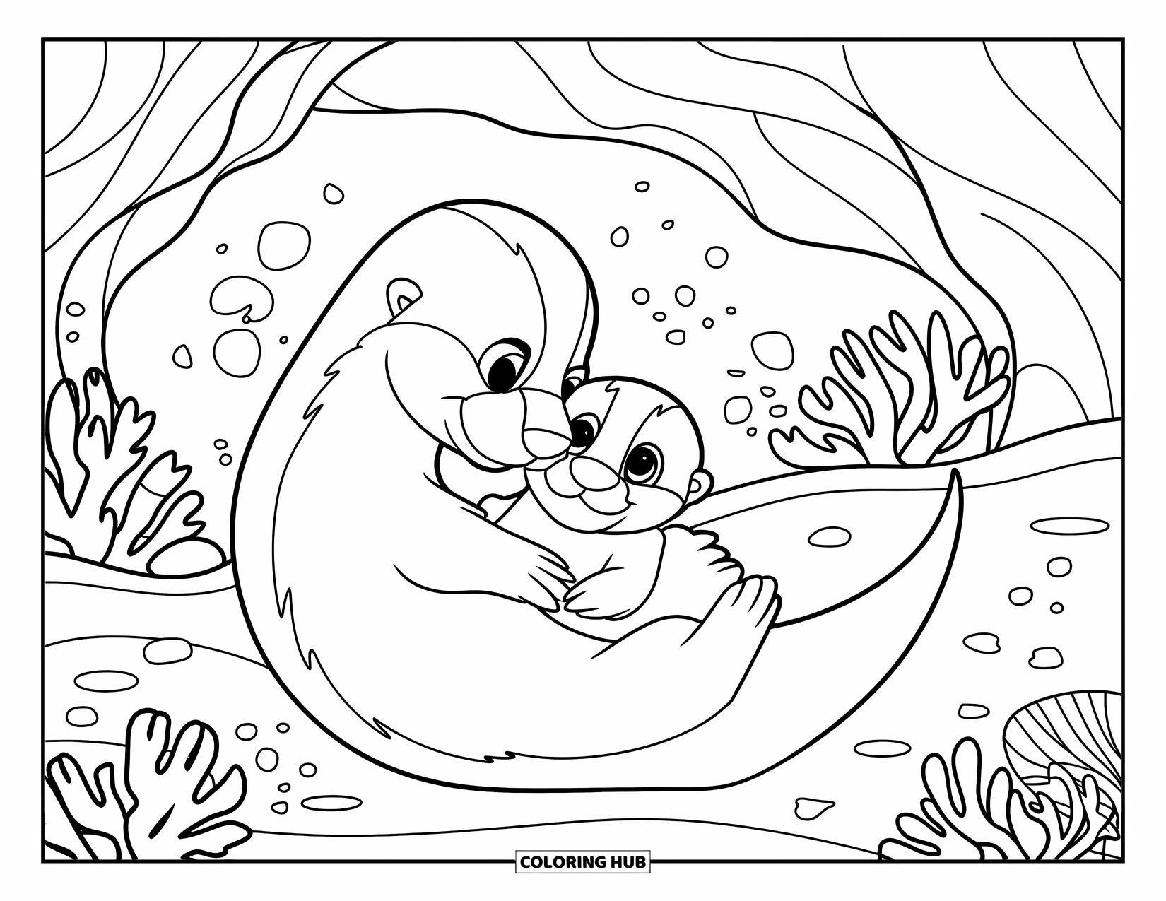 Kolorowanka z wydrą dla dzieci: Mama wydra trzyma swoje dziecko, unosząc się na spokojnej rafie koralowej