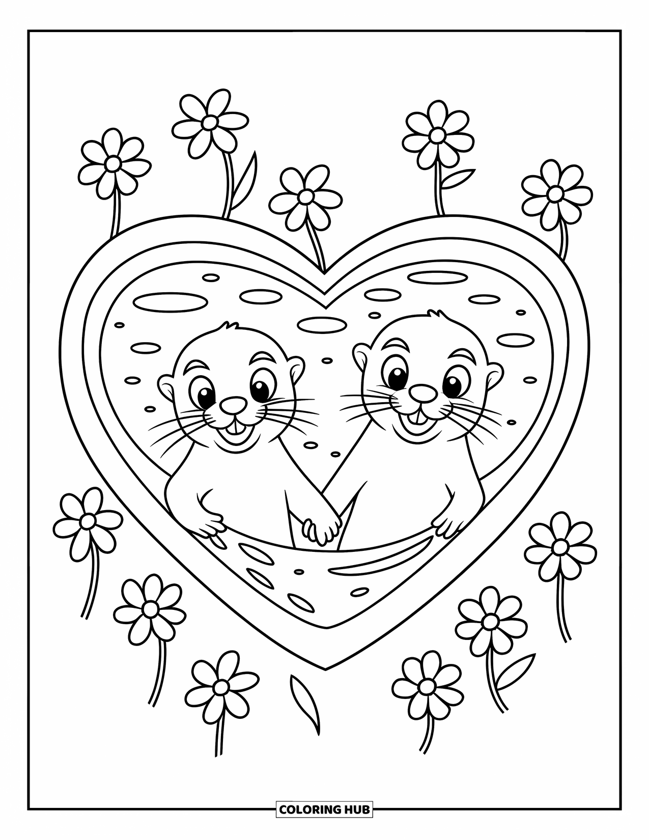 Kolorowanka z wydrą dla dzieci: Para wydr unosi się razem w stawie, trzymając się za ręce w kształcie serca