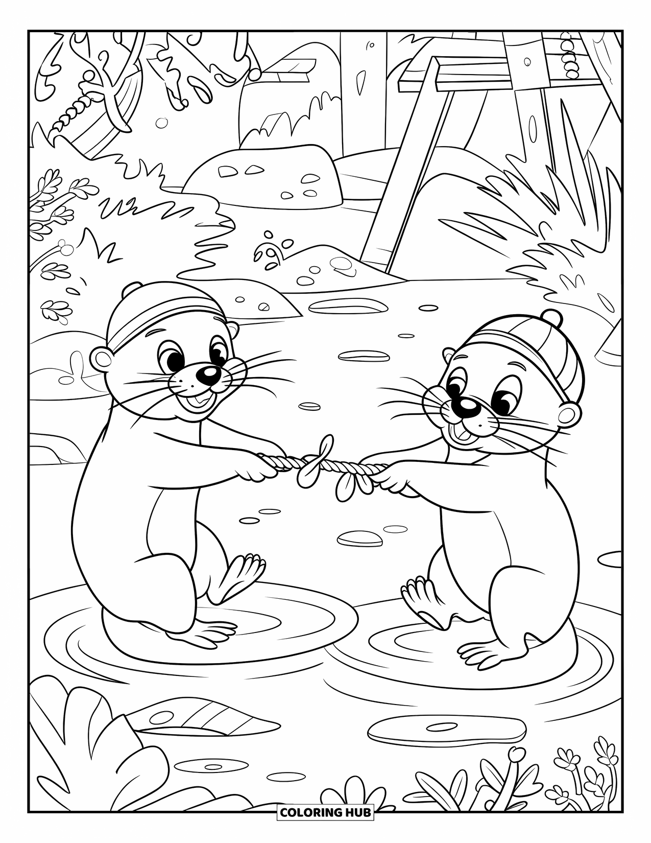 Kolorowanka z wydrą dla dzieci: Para wydr ciągnie za wodorosty, a ich wesoła energia wypełnia cichą scenerię nad rzeką