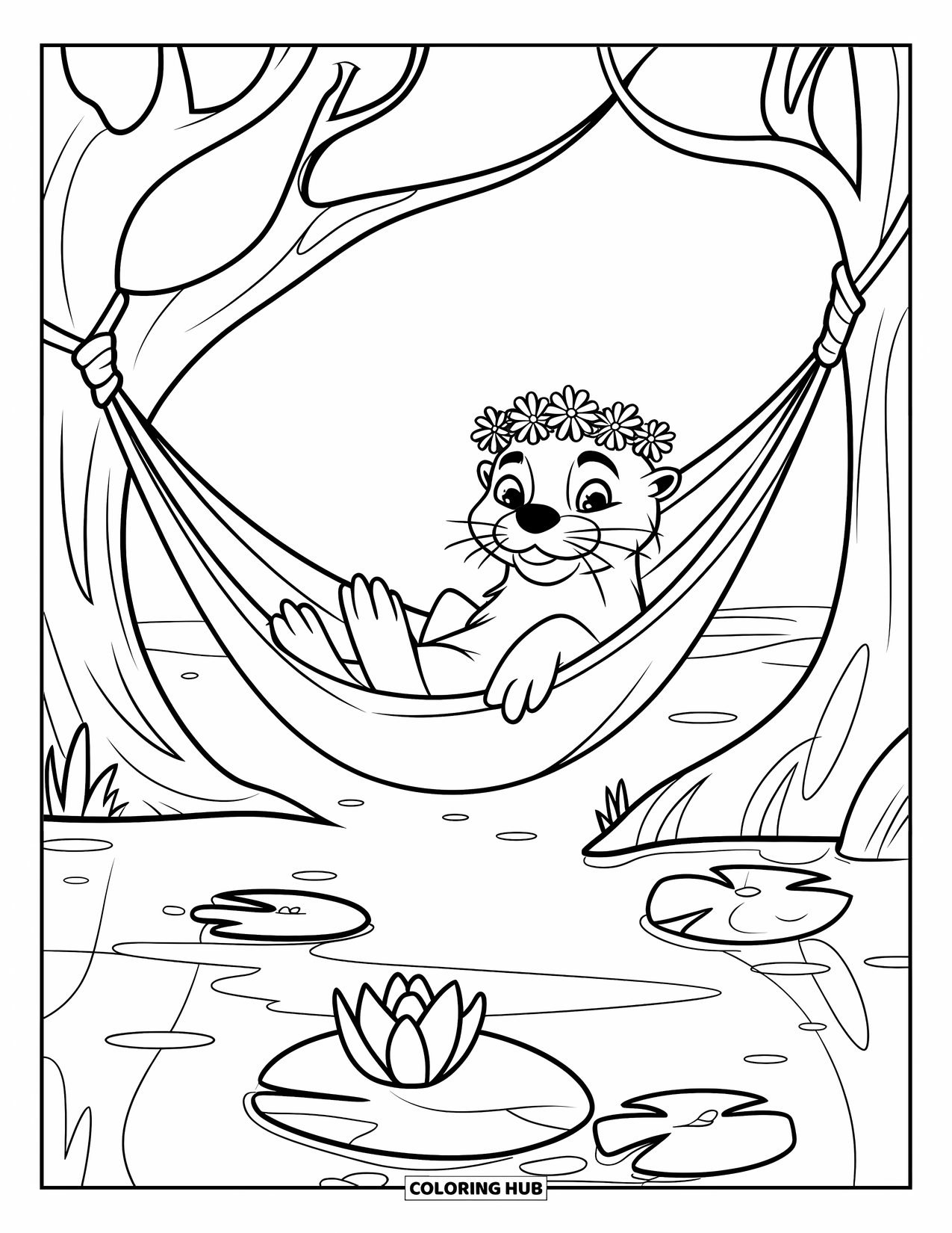 Kolorowanka z wydrą dla dzieci: Spokojna wydra relaksuje się w hamaku, wpatrując się w odbicie pobliskiego jeziora