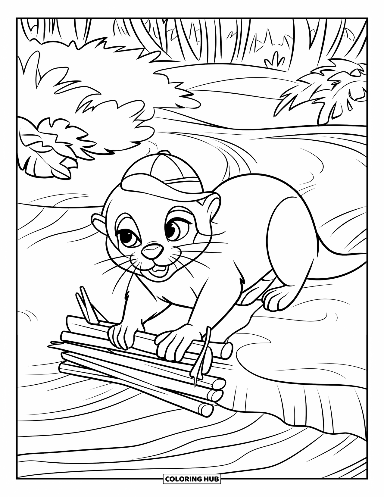 Kolorowanka z wydrą dla dzieci: Wesoła wydra buduje tamę, otoczona bujnym lasem i delikatnie falującą wodą