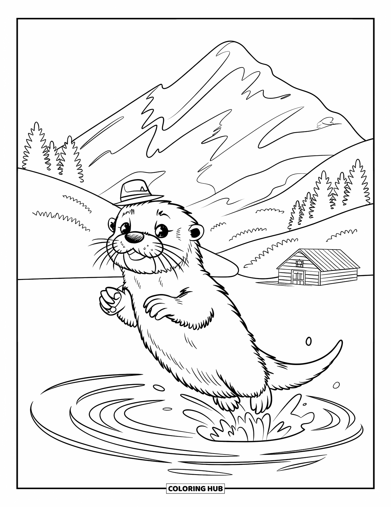 Kolorowanka z wydrą dla dzieci: Wesoła wydra wyskakuje z wody, a jej odbicie lśni na powierzchni