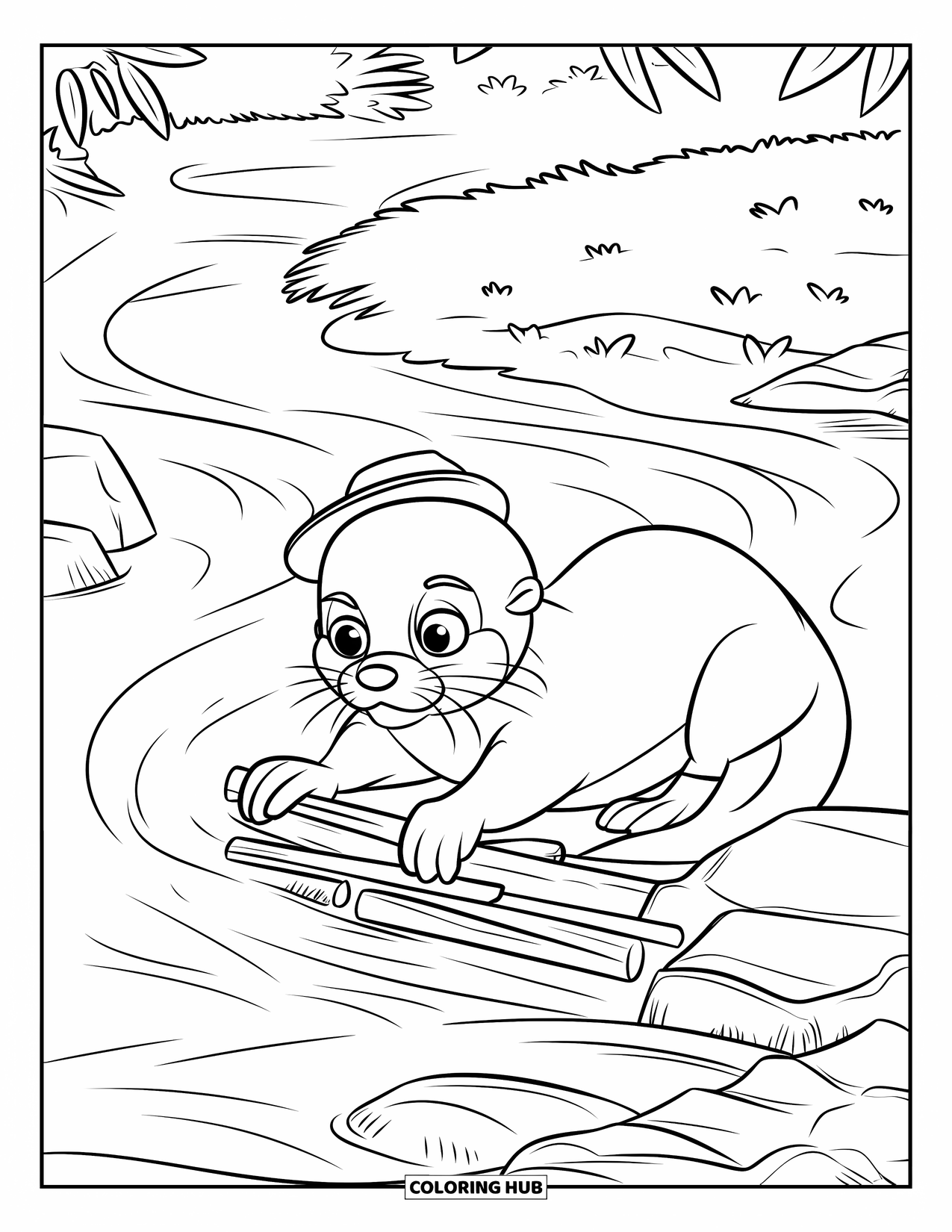 Kolorowanka z wydrą dla dzieci: Młoda wydra buduje małą tamę w strumieniu, starannie układając patyki z determinacją
